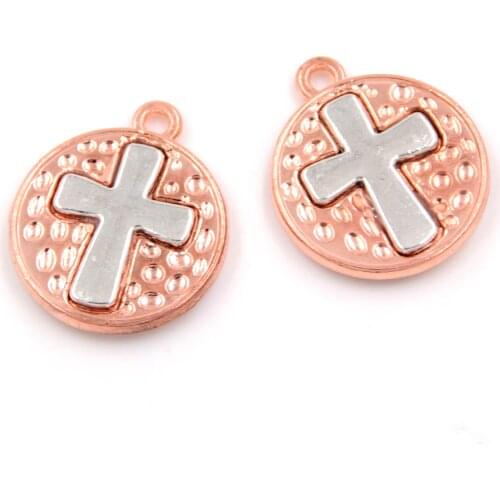 5PCS Rose Gold Cross In Circle Charms Silver Color Christian Jesus Pendant DIY Jewelry Making A2401