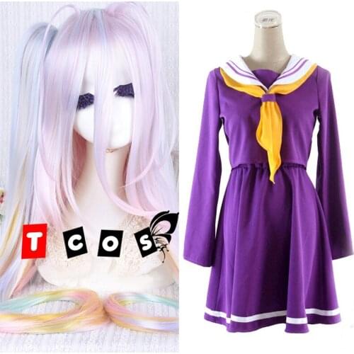 Biamoxer 110cm Anime No Game No Life Shiro Long Multi-color Ponytail Heat Resistant Cosplay Wigs Purple Cosplay Costume Outfit