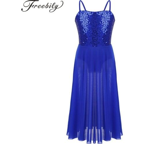 Kids Teens Sequins Sleeveless Long Tulle Contemporary Ballroom Lyrical Dance Costumes Gymnastics Leotard Girls Ballet Dress