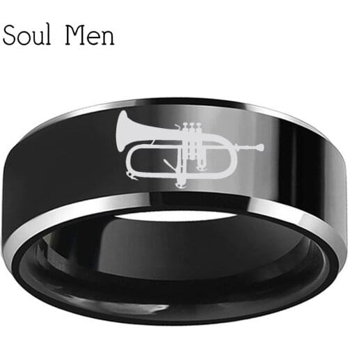 8mm Black Tungsten Carbide Rings Solid Male Female Wedding Band with Instrumento Musical Bugle