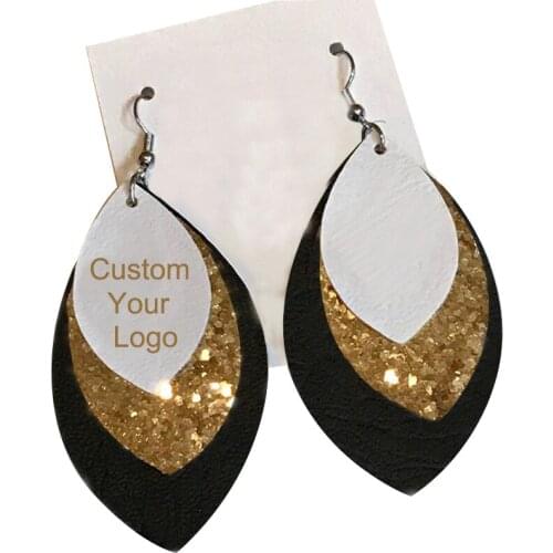 Fahion DIY Glitter New Three Layer Football Leather Earrings Layered Sample Teardrop Leaf Earrings