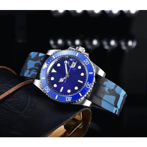 Mens Watch Automatic Movement 40mm Blue Aseptic Dial Ceramic Rotating Bezel Stainless Steel Bracelet