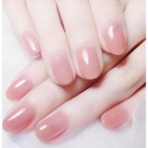 24pcs Clear Pink Color False Nails Jelly Pink Nails Short Round Head Full Cover Arylic Nail Art Fake Nail Tips With Glue Sticker