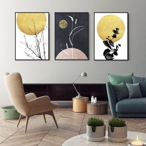 Simple Abstract Exaggerated Canvas Painting Poster Small Grass Branches Golden Moon Wall Art Pictures for Living Room Decoration