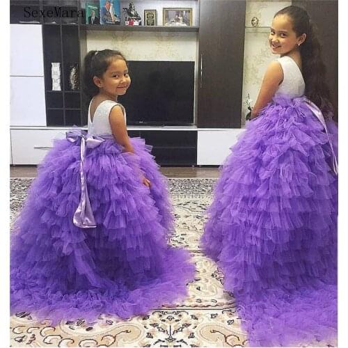 New Long Puffy Tulle Flower Girl Dress With Bow Tiered Girls Pageant Gowns Backless Custom Made