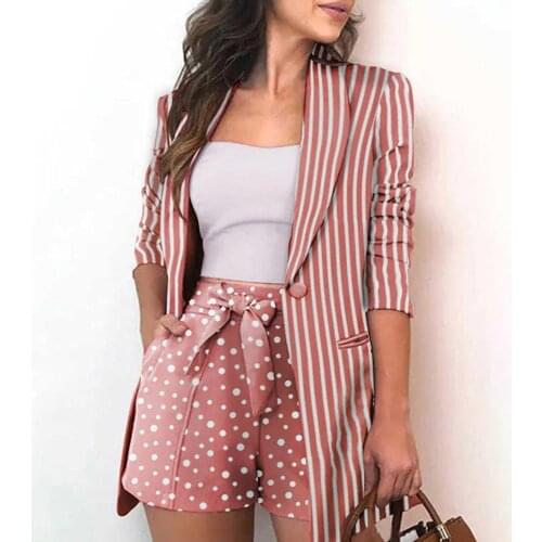 OMILKA Elegant 2 Piece Set Women Long Sleeve Stripped Printed Blazer and Bow Dots Printed Shorts Set 2020 Autumn OL Outfits