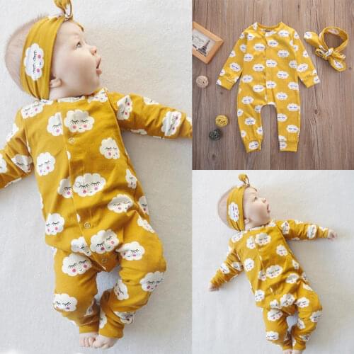 Autumn Winter Newborn Infant Toddler Kids Clothes Baby Girl Jumpsuit One Piece Cloud Printed Romper Outfits with Headband Set
