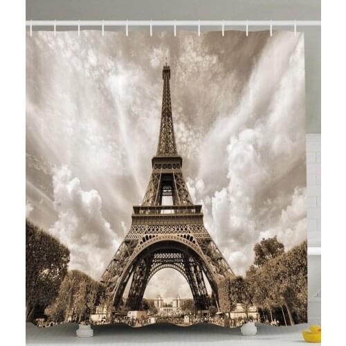 Paris Shower Curtain Eiffel Tower Picturesque Famous Landmark Monument Sky Monochrome Image Print Bathroom Decor Set with Hooks