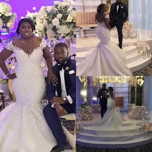 Africa Mermaid Wedding Dresses 2021Sheer Neck Covered Button Back Sweep Train Beaded Vestido De Novia Bridal Gowns Plus Size