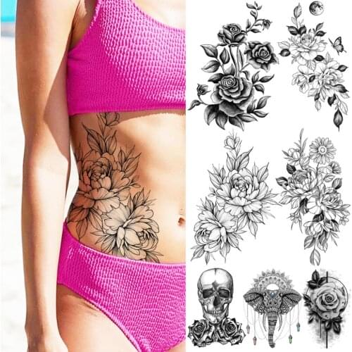Realistic Peony Flower Temporary Tattoos For Women Girls Elephant Skull Pendant Moon Fake Tattoo Sticker Waist Tatoos Thigh