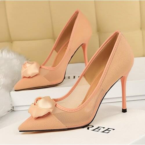 Mesh Womens Pumps Sexy Womens High Heel Shoes Silk Flower Ladies Pumps Silk Rose Flower Female Stiletto Ladies Shoes For Party