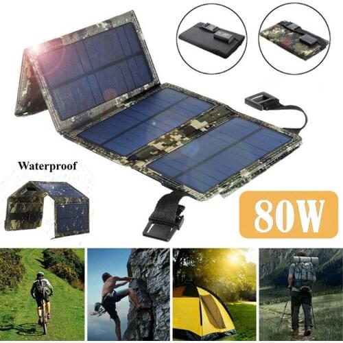 80W Foldable USB Solar Panel Outdoor Folding Waterproof Solar Panels Charger Mobile Power Bank Camping Hiking Phone Charger