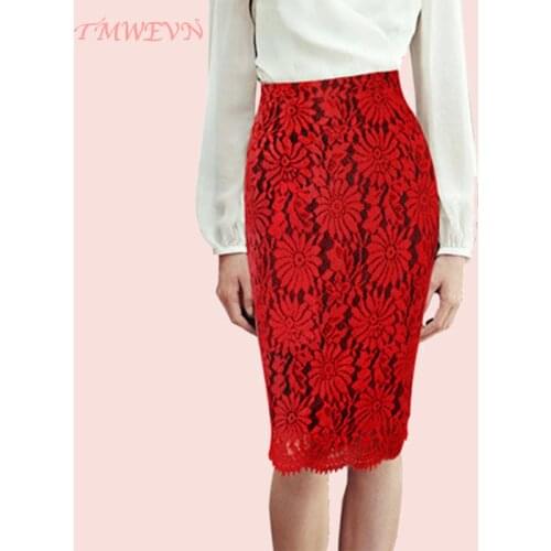 TMWEVN Bodycon Skirt Red Sexy Party Floral Embroidery Lace Pencil Skirt Office Ladies High Waist Knee Length Mini Skirts