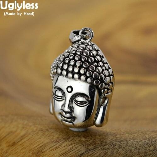 Uglyless Unisex Religious Buddha Head Pendants for Men Women Neutral Buddhistic Necklaces NO Chains Thai Silver 925 Silver P971