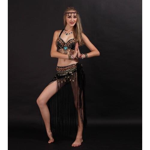 Women Belly Dancing Clothes Tribal 2 Piece Outfit Coins Bra, Tassel Hip Scarf Tribal Belly Dance Costume Set Professional