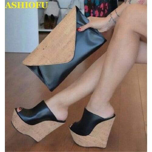 ASHIOFU Hot Sale Handmade Women Wadge Heel Slippers Elegant Sexy Club Dance Shoes Easy Wear Evening Fashion Slipper Black Shoes