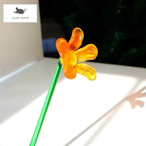 Handmade Colorful Murano Glass Flower Craft Figurine Wedding Valentines Day Favors Gifts Table Decor Ornaments Long Handle 15cm