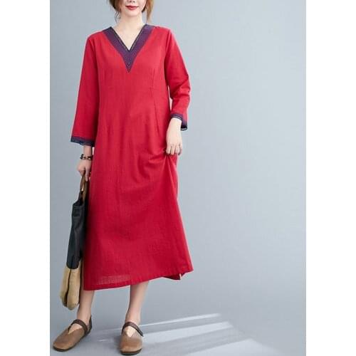 Women Loose Casual Dress New 2020 Autumn Vintage Style Solid Color Lace V-neck Loose Female Cotton Linen Long Dresses S2780
