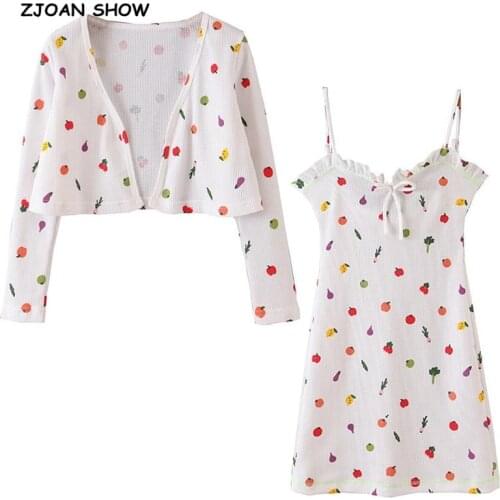 2020 Spring Retro White Colored Fruit Print Cardigan Korea Long sleeve Knitted Sweater Wood ears Tie Bow V neck Mini Dress 1 Set