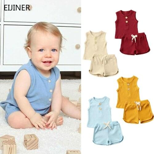 2021 Infant Newborn Baby Girls Boys Summer Ribbed Solid Clothes Sets Sleeveless Baby Vest+Elastic Short Pants 2PCs Solid Outfits