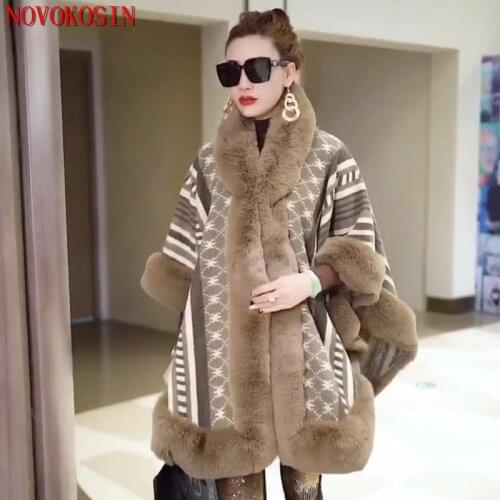 2021 Female Oversize Big Fur Collar Coat Winter Women Batwing Sleeve Faux Rabbit Cardigan Loose Out Street Printed Striped Cloak