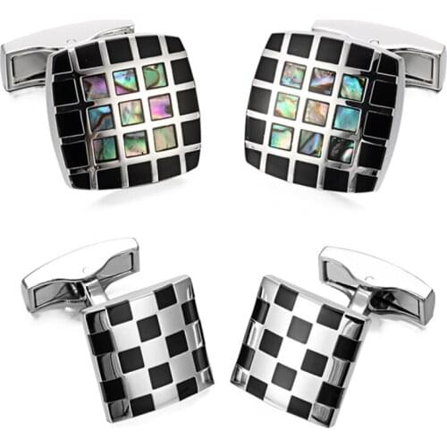 5pairs/lot Copper Enamel Pearl Sea Shell Cufflinks White-black Grids Cuff Link Business Style Cufflink Mens Jewelry Wholesale