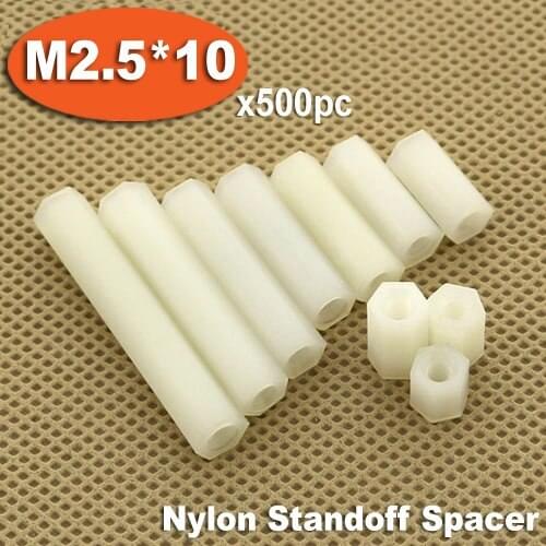 500pcs M2.5 x 10mm White Plastic Nylon Hexagon Hex Female Thread Nuts Standoff Spacer Pillars