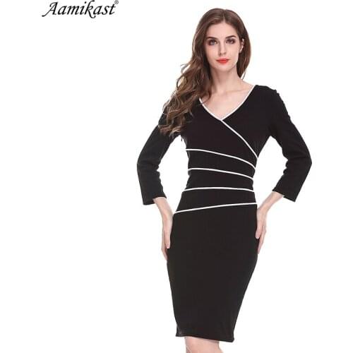 Aamikas Womens Elegant Winter Contrast Patchwork Front Slit Striped Vintage Work Business Casual Party Slim Bodycon Pencil Dress