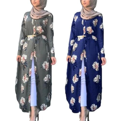 Muslim Women Abaya Shirt Dress Robes Maxi Floral Printed Islamic Dubai Cocktail Party Long Sleeve Slit Dress Arab Jilbab Gown