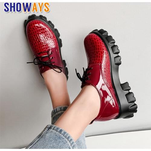Plus Size British Women High Thick Heel Derbies White Red Crocodile Patent Leather Brogues Casual Lady Round Toe Platform Flats