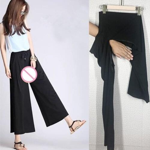 Wide Leg Pants Casual Fashion Open Crotch Zippers Outdoor Sex Pants Womens Sexy Clothing Female High Waist Trousers With Holes