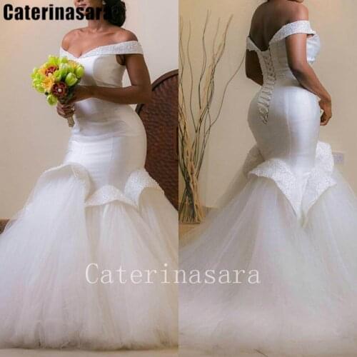 Beads Off-the-shoulder Lace-up Tulle Mermaid Wedding Dress Bridal Gown Plus Size Custom Color