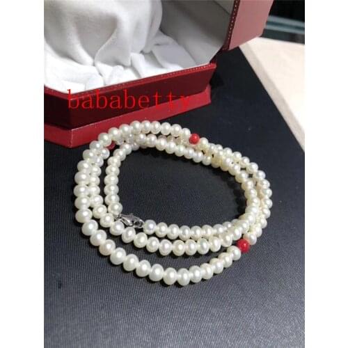 Natural freshwater white 6-7 pearls Natural stone red 30 inches sweater chain 925 sterling silver clasp