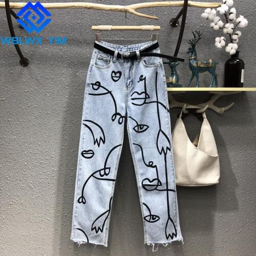 Spring Summer Washed Jeans Women Fashion irregular Print High waist Jeans Loose Casual Straight Jeans Female Long Trousers