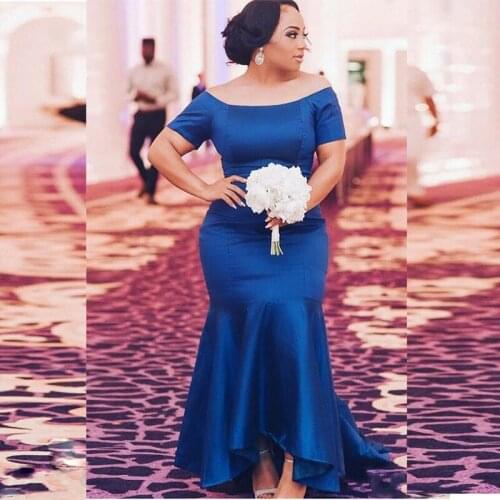 Elegant Simple Cheap Boat Neck Short Sleeves Navy Plus Size Satin Wedding Guest Dress Mother Of The Bride Dress