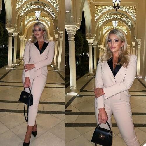 Elegant Women Suits Double Breasted Slim Fit Pocket Patchwork Blazer Pencil Pants Celebrity Office Lady Casual Coat 2 Pieces
