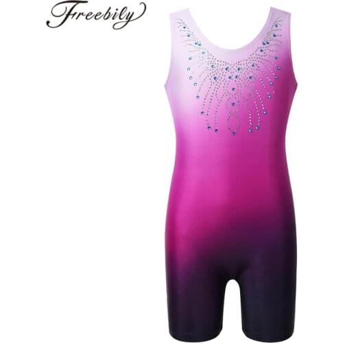 Girls Gymnastics Leotard One Piece Sparkly Shiny Diamond Sleeveless Gradient Color Kids Ballet Dance Unitard Biketard Dancewear