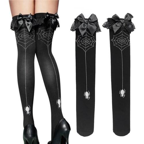 Hot Sale Fashion Spider With Net Print Stockings Velvet Thigh High Stockings for Women One Size NOV99