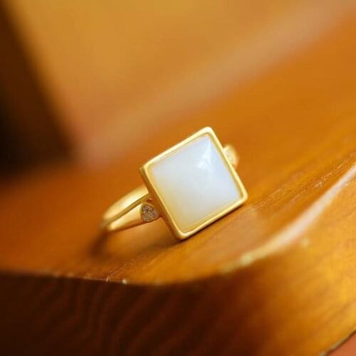 Natural Hetian Jade White Jade Love Square Ring White Jade Inlaid S925 Sterling Silver Square Heart Ring Ornament for Women