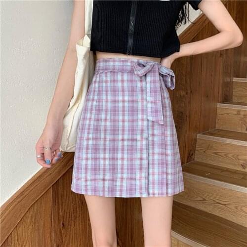 Little Fresh Summer Teen Girls Plaid Skirt Korean Fashion School Bowknot A-line High Waist Women Mini Skirt Casual Loose Skirt