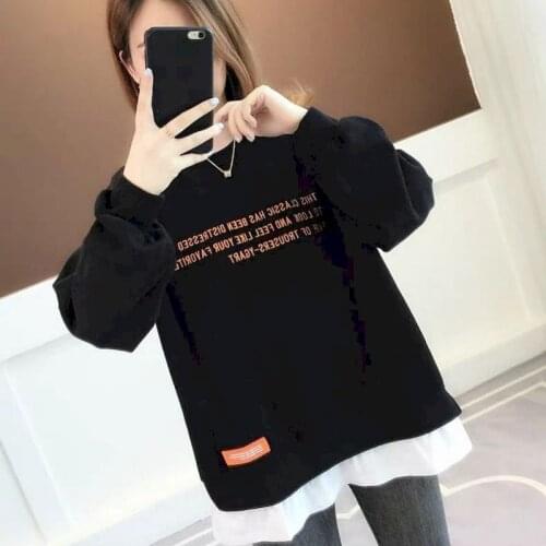 2021 New Spring Autumn Pullover Womens Thin Loose Korean Style Fake Two-piece Blouse Clothes Letter Printing Sweatshirt Women