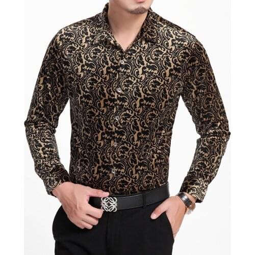 Hot 2021 Autumn And Winter New Men Clothing Flower Long-sleeve Shirt Leopard Print Gold Velvet Shirt Singer Costumes Nightclub