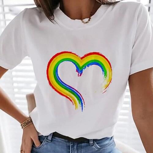 New Women T Shirt Rainbow Letter Printed Fun Tees Round Neck Summer Cute T-Shirt Tops Tee For Girls Camisetas De Mujer Femmes