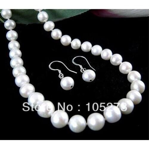 New Arriver Classic Genuine AA White Pearl Necklace Earrings Jewelry Set Cultured Pearl Jewelry 8-9mm 18'' New Free Shipping
