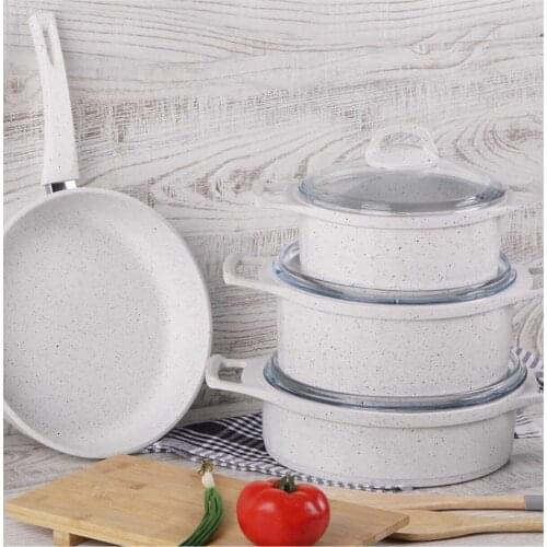 High Quality Fireproof Non-Stick Casting Cookware Set 7PCS Durable Glass Cover nonstick Kitchen Set Frying Pan Cooking Pot White