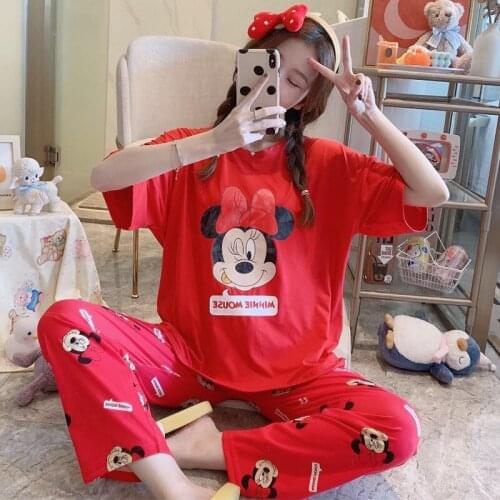 Disney Girl Cartoon Minnie Daisy Bear Squirrel Ladies Short-Sleeved Pajamas Female Cute Multicolor Home Service Round Neck Suit
