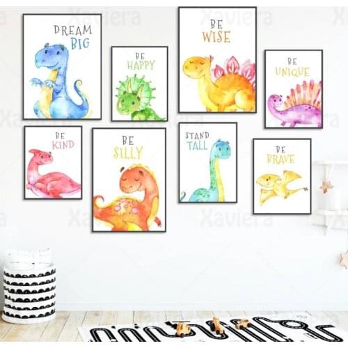 Watercolor Baby Animal Poster Cute Dinosaur Canvas Painting Cartoon Nursery Wall Art Nordic Kids Room Decor Home Decor Picture