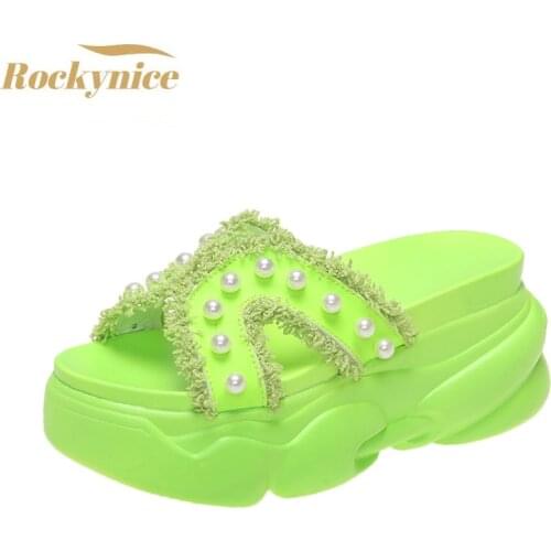 New Summer Women Slippers Flip-Flops Ladies Beach Shoes Wedge Heels Shoes Woman High Platform Slippers Pearl Outside Sandals 8cm