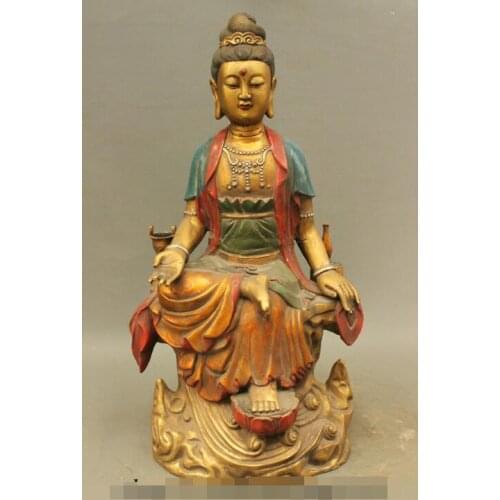 S03351 24 Folk Chinese Bronze Painting Lotus Kwan-Yin Pot Seat Guan Yin Buddha Statue