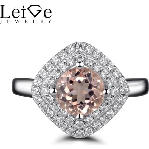 Leige Jewelry Double Halo Morganite Ring Pink Gemstone Engagement Rings for Women Round Cut Sterling Silver 925 Fine Jewelry
